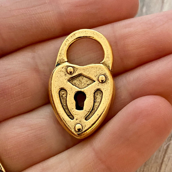 Load image into Gallery viewer, Heart Lock Charm, Antiqued Gold Lock Pendant, Artisan Jewelry Supplies, Carson&#39;s Cove, GL-6184
