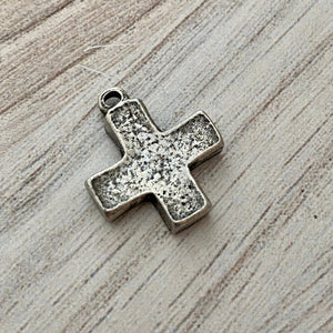 Chunky Block Cross Charm, Small Antiqued Silver Modern Pendant, PW-6182
