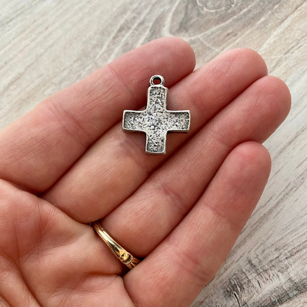 Load image into Gallery viewer, Chunky Block Cross Charm, Small Antiqued Silver Modern Pendant, PW-6182
