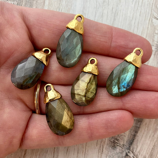 Labradorite Pear Briolette Drop Pendant with Gold Pewter Bead Cap, Jewelry Making Artisan Findings, GL-S021