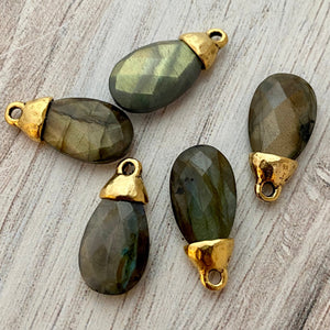 Labradorite Pear Briolette Drop Pendant with Gold Pewter Bead Cap, Jewelry Making Artisan Findings, GL-S021
