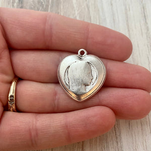 Mary Heart Medal, Catholic Religious Pendant, Blessed Mother, Antiqued Silver Jewelry Charm, SL-6172