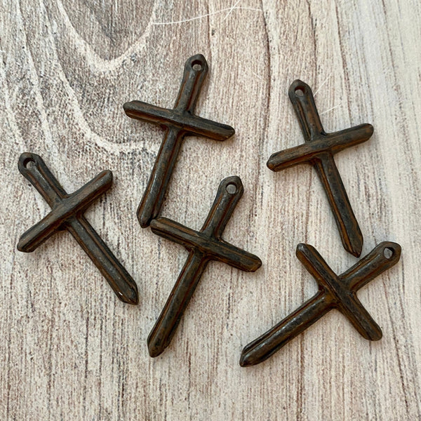 Load image into Gallery viewer, 2, Simple Stick Cross Pendant, Antiqued Rustic Brown Lined Charm for Jewelry Making, BR-6181
