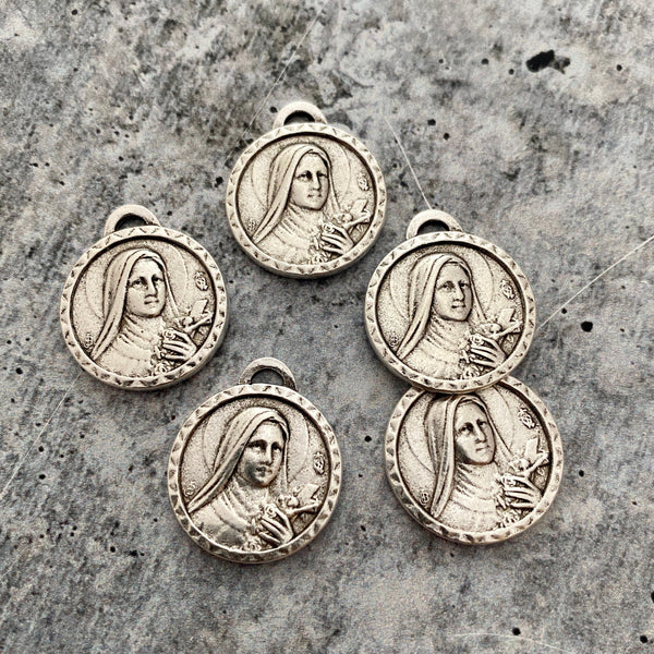Load image into Gallery viewer, Catholic Medal, St. Theresa, Silver Medal Charm, St. Therese de Lisieux, Religious Charm, Catholic Pendant, Religious Jewelry Supply SL-6030
