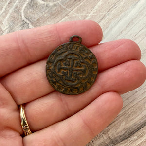 Old World Spanish Coin Replica, Cross Charm Pendant, Rustic Shipwreck Treasure, Jewelry Supplies, BR-6183