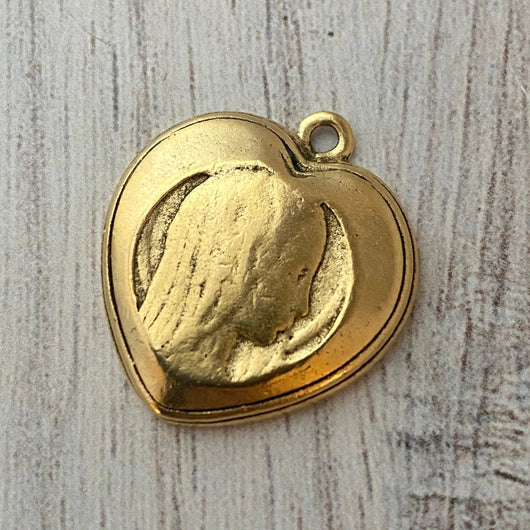 Mary Heart Medal, Catholic Religious Pendant, Blessed Mother, Antiqued Gold Jewelry Charm, GL-6172