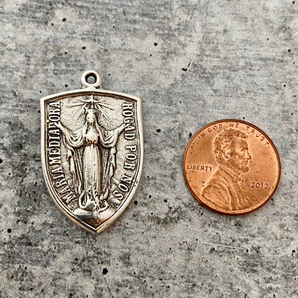 Load image into Gallery viewer, Virgin Mary Medal, Cross Pendant, Crucifix Shield, Antiqued Silver Rosary Parts, Catholic Religious Jewelry Supply, SL-1127

