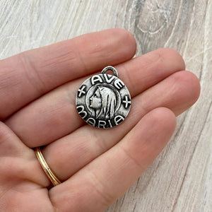 Ave Maria Mary Medal, Virgin Mary, French charm, Catholic, Antiqued Silver Religious Jewelry, PW-6167