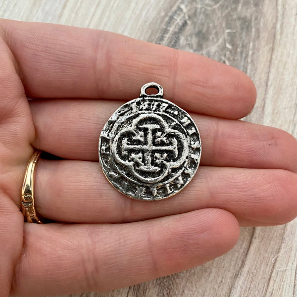 Load image into Gallery viewer, Old World Spanish Coin Replica, Cross Charm Pendant, Shipwreck Treasure, Jewelry Supplies, PW-6183
