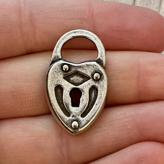 Heart Lock Charm, Silver Lock Pendant, Artisan Jewelry Supplies, Carson's Cove, PW-6184