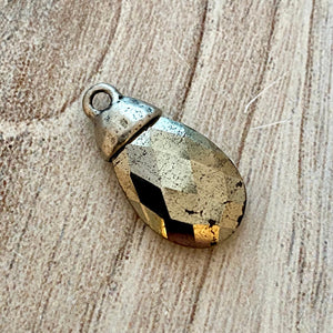 Pyrite Pear Faceted Briolette Drop Pendant with Silver Pewter Bead Cap, Jewelry Making Artisan Findings, PW-S026