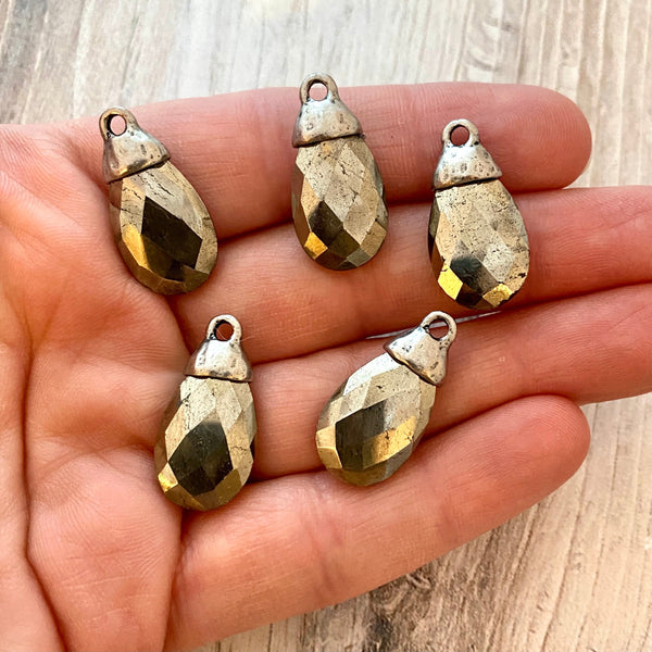 Load image into Gallery viewer, Pyrite Pear Faceted Briolette Drop Pendant with Silver Pewter Bead Cap, Jewelry Making Artisan Findings, PW-S026
