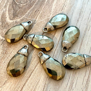 Pyrite Pear Faceted Briolette Drop Pendant with Silver Pewter Bead Cap, Jewelry Making Artisan Findings, PW-S026
