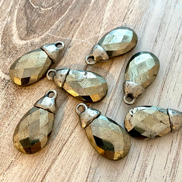 Load image into Gallery viewer, Pyrite Pear Faceted Briolette Drop Pendant with Silver Pewter Bead Cap, Jewelry Making Artisan Findings, PW-S026
