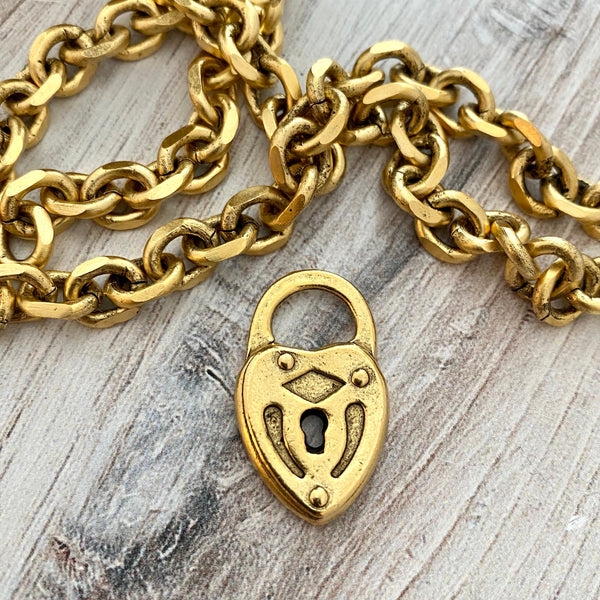 Load image into Gallery viewer, Heart Lock Charm, Antiqued Gold Lock Pendant, Artisan Jewelry Supplies, Carson&#39;s Cove, GL-6184
