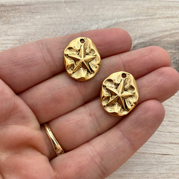 Load image into Gallery viewer, 2 Star Charm, Simple Sand Dollar Antiqued Gold Star, Carson&#39;s Cove, GL-6194
