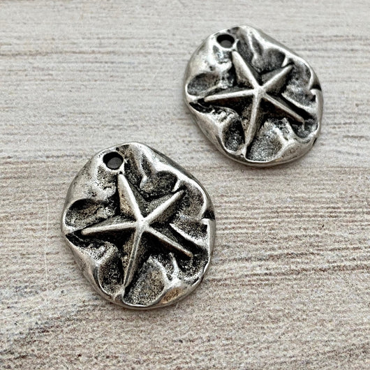 2 Star Charm, Simple Sand Dollar Antiqued Silver Star, Carson's Cove, PW-6194