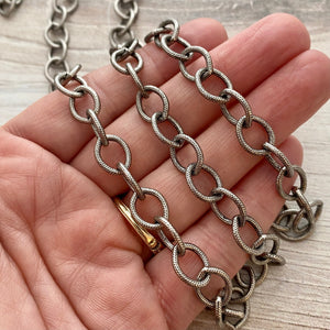 Large Textured Etched Chain, Oval Cable Bulk Chain By Foot, Silver Necklace Bracelet Jewelry Making PW-2024