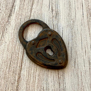 Heart Lock Charm, Rustic Brown Lock Pendant, Artisan Jewelry Supplies, Carson's Cove, BR-6184
