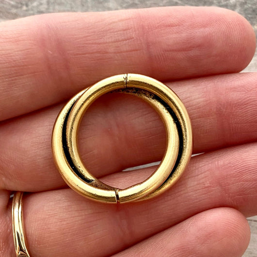 Double Ring Connector Link, Eternity Hoop Charm Holder, Leather Connector, Large Antiqued Gold Circle, GL-6197