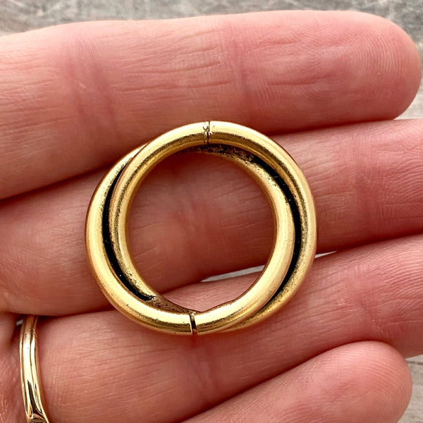 Load image into Gallery viewer, Double Ring Connector Link, Eternity Hoop Charm Holder, Leather Connector, Large Antiqued Gold Circle, GL-6197
