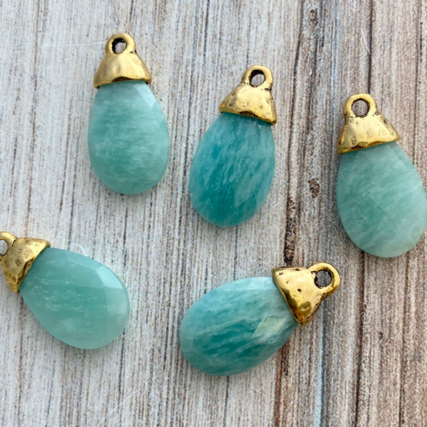 Load image into Gallery viewer, Amazonite Pear Briolette Drop Pendant with Gold Pewter Bead Cap, Jewelry Making Artisan Findings, GL-S023
