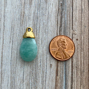 Amazonite Pear Briolette Drop Pendant with Gold Pewter Bead Cap, Jewelry Making Artisan Findings, GL-S023