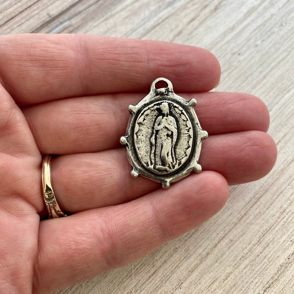 Load image into Gallery viewer, Virgin Mary Medal, Our Lady of Guadalupe, Catholic Religious Jewelry, Antiqued Silver Pendant, PW-6185
