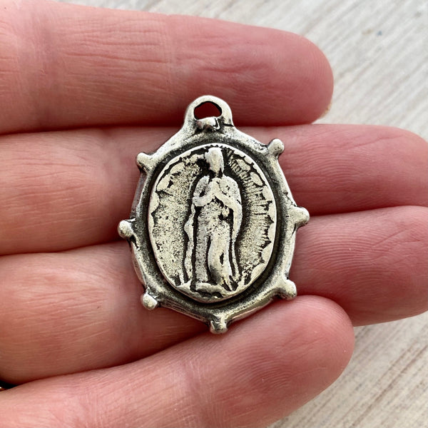 Load image into Gallery viewer, Virgin Mary Medal, Our Lady of Guadalupe, Catholic Religious Jewelry, Antiqued Silver Pendant, PW-6185
