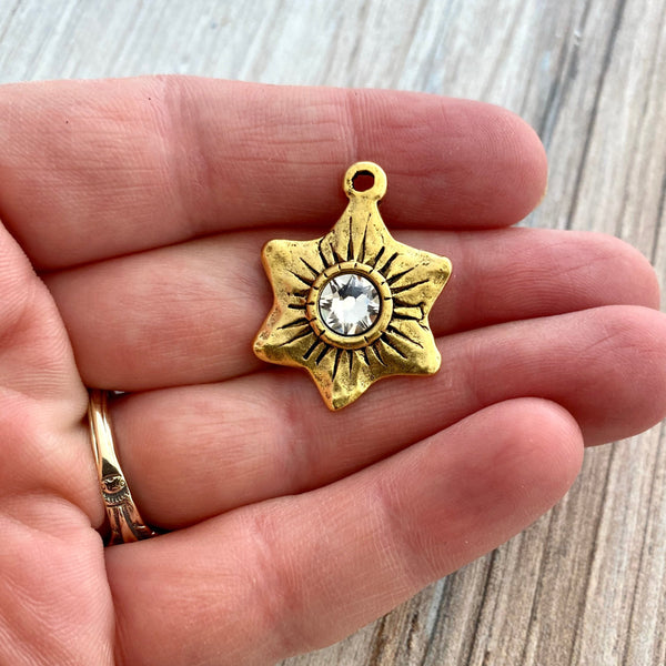 Load image into Gallery viewer, Swarovski Crystal Hammered Flower Star Charm, Antiqued Gold Artisan Pendant for Jewelry, GL-6164
