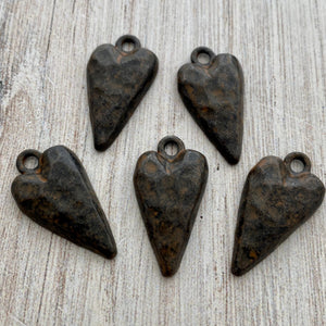 Hammered Long Heart Charm, Skinny Rustic Brown Pendant, BR-6171