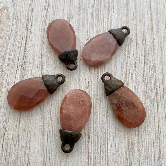 Chocolate Moonstone Faceted Pear Briolette Drop Pendant with Rustic Brown Pewter Bead Cap, Jewelry Making Artisan Findings, BR-S024