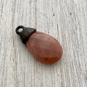 Chocolate Moonstone Faceted Pear Briolette Drop Pendant with Rustic Brown Pewter Bead Cap, Jewelry Making Artisan Findings, BR-S024