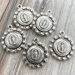Mary Medal with Stars, Antiqued Silver Charm, Religious Rosary Parts, Catholic Pendant, Christian Jewelry, SL-6152