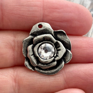 Swarovski Crystal Hammered Rose Flower Charm, Antiqued Silver Pewter Artisan Pendant for Jewelry, PW-6204