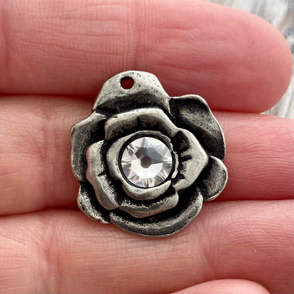 Load image into Gallery viewer, Swarovski Crystal Hammered Rose Flower Charm, Antiqued Silver Pewter Artisan Pendant for Jewelry, PW-6204
