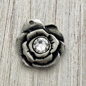 Swarovski Crystal Hammered Rose Flower Charm, Antiqued Silver Pewter Artisan Pendant for Jewelry, PW-6204