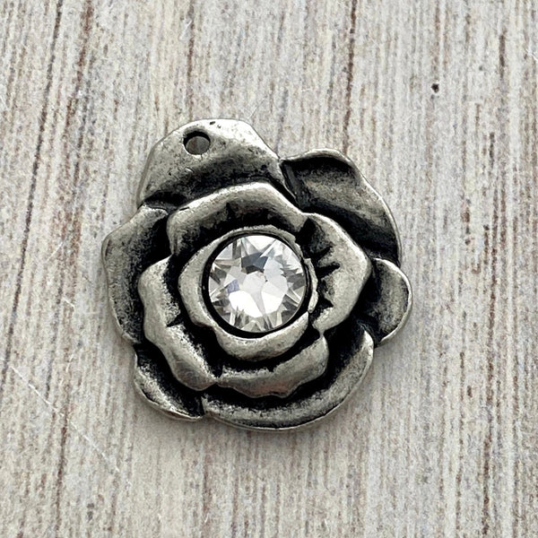 Load image into Gallery viewer, Swarovski Crystal Hammered Rose Flower Charm, Antiqued Silver Pewter Artisan Pendant for Jewelry, PW-6204
