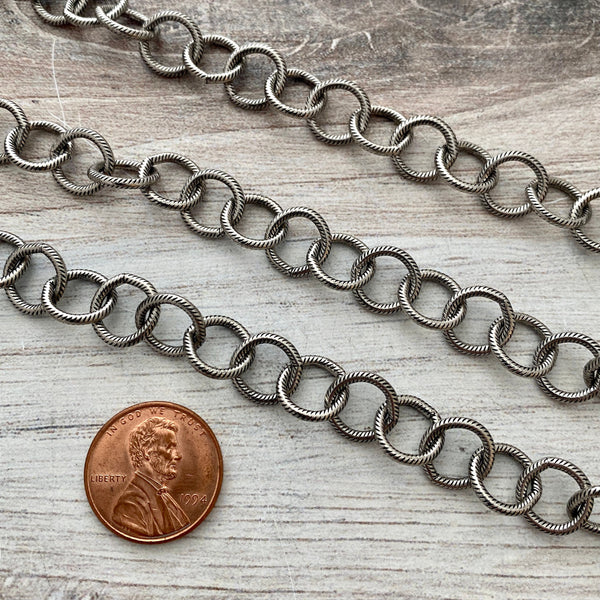 Load image into Gallery viewer, Large Textured Etched Chain, Circle Cable Bulk Chain By Foot, Silver Necklace Bracelet Jewelry Making PW-2019
