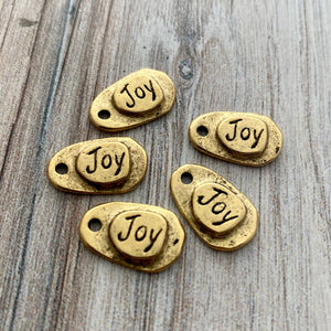 2 Joy Charm, Antiqued Gold Jewelry Making Small Tag with Handwriting Text, GL-6208