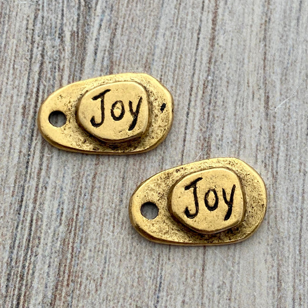 Load image into Gallery viewer, 2 Joy Charm, Antiqued Gold Jewelry Making Small Tag with Handwriting Text, GL-6208
