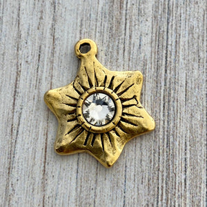 Swarovski Crystal Hammered Flower Star Charm, Antiqued Gold Artisan Pendant for Jewelry, GL-6164