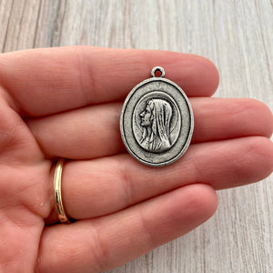 Oval Mary Medal, Virgin Mary, Our Lady of Lourdes, Catholic Necklace, Religious Antiqued Silver French Charm, PW-6207