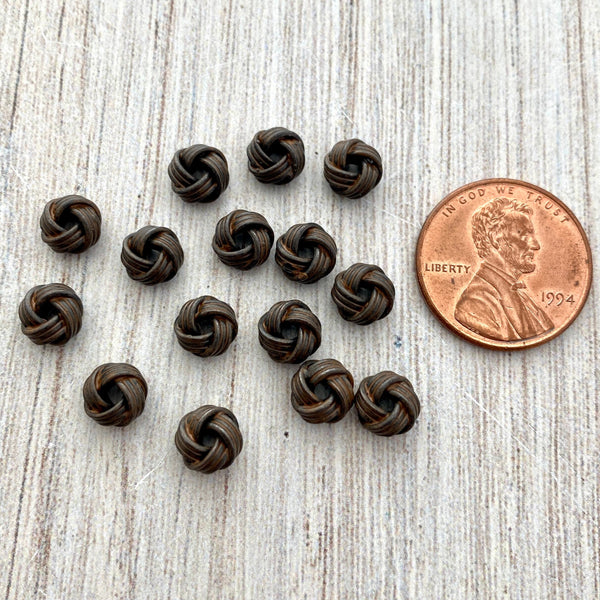 Load image into Gallery viewer, 10 Small Wired Knot Spacer Beads, Antiqued Rustic Brown Textured Artisan Brass Beads, Slider Bracelet Finding, Jewelry Supplies, BR-6209
