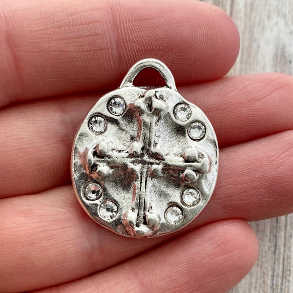Load image into Gallery viewer, Crystal Antiqued Silver Cross Charm, Rhinestone Jewelry Making, Old World Artisan Findings, SL-6211
