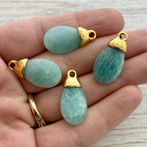 Amazonite Pear Briolette Drop Pendant with Gold Pewter Bead Cap, Jewelry Making Artisan Findings, GL-S023