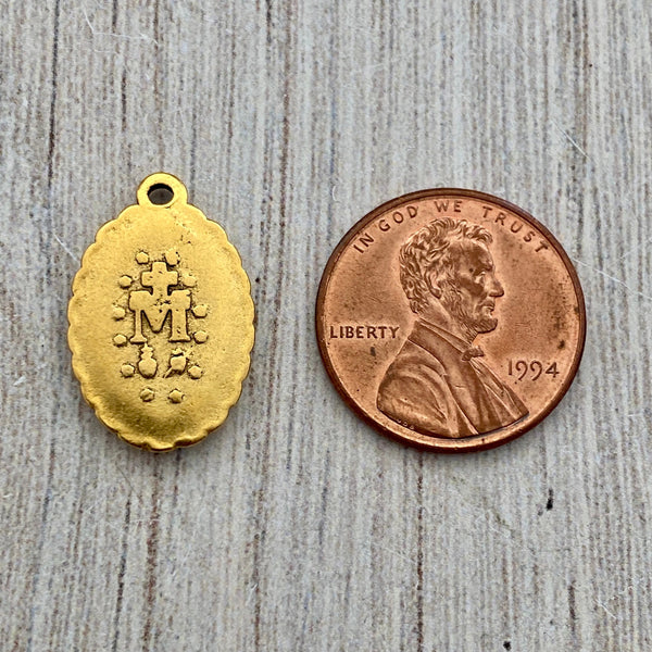 Load image into Gallery viewer, 2 Small Miraculous Mary Medals, Dotted Oval Catholic Religious Blessed Mother, Antiqued Gold Charm, GL-6212

