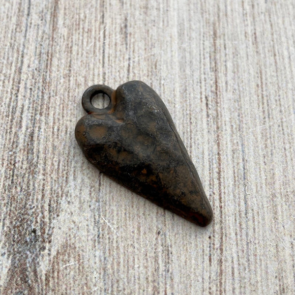 Load image into Gallery viewer, Hammered Long Heart Charm, Skinny Rustic Brown Pendant, BR-6171
