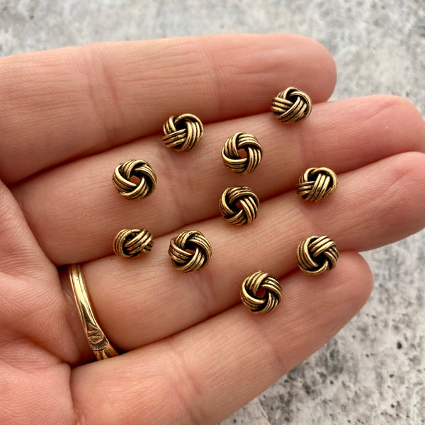 Load image into Gallery viewer, 10 Small Wired Knot Spacer Beads, Antiqued Gold Textured Artisan Brass Beads, Slider Bracelet Finding, Jewelry Supplies, GL-6209
