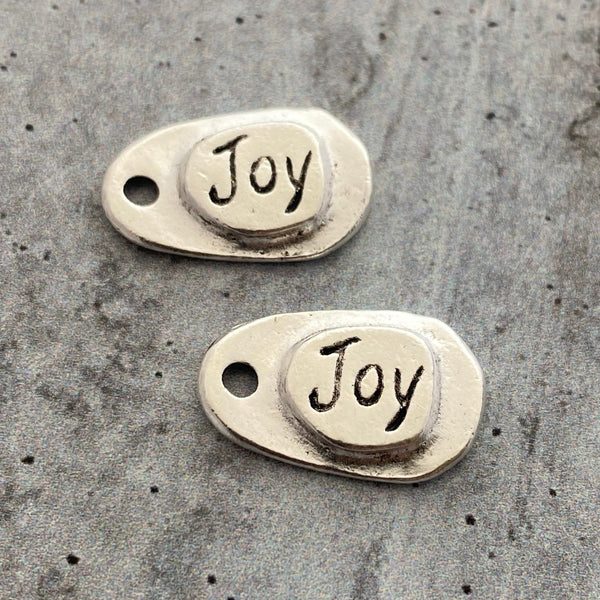 Load image into Gallery viewer, 2 Joy Charm, Silver Jewelry Making Small Tag with Handwriting Text, SL-6208

